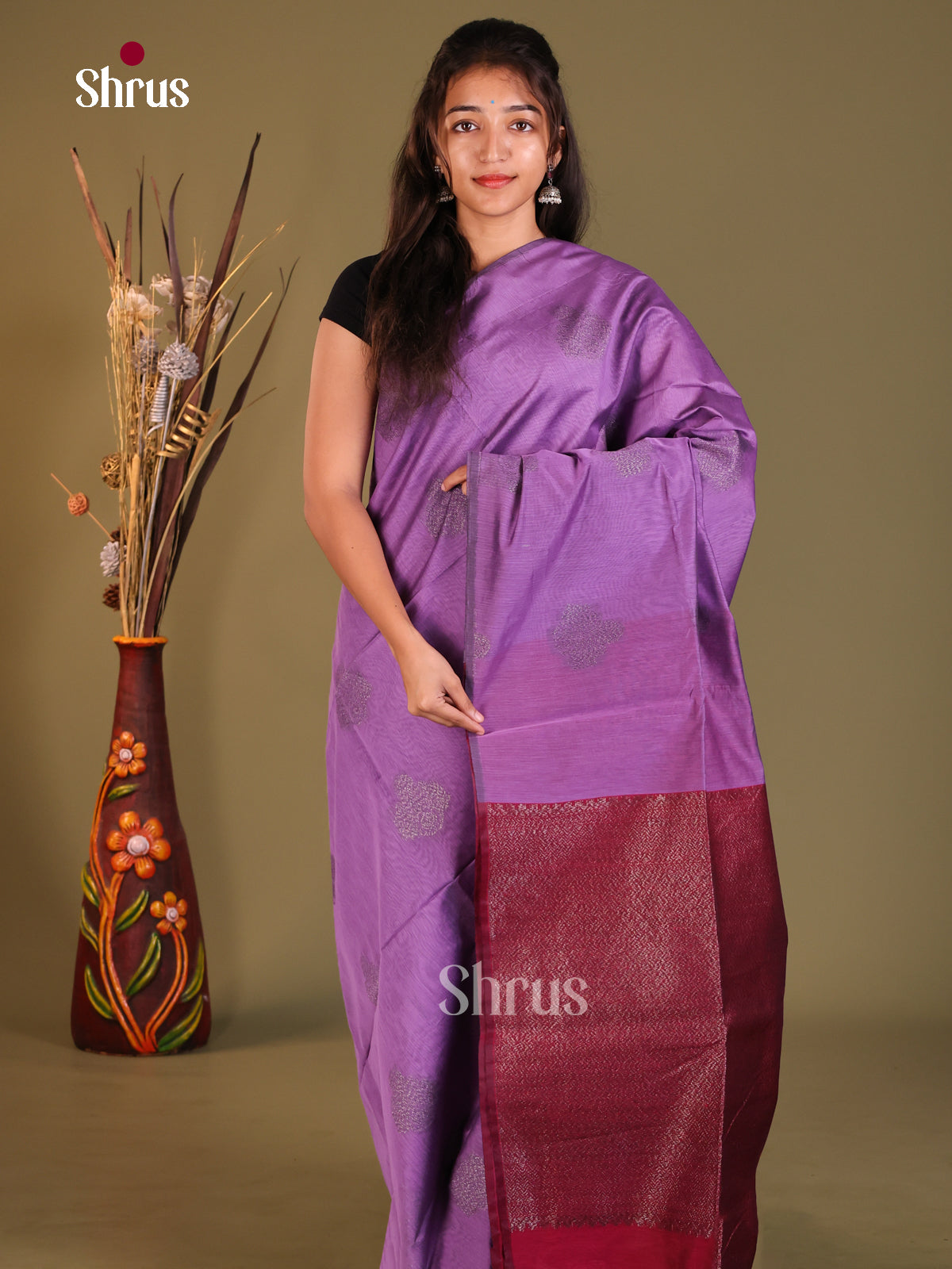 Lavender & Maroon- Semi Silkcotton Saree - Shop on Shrus.com