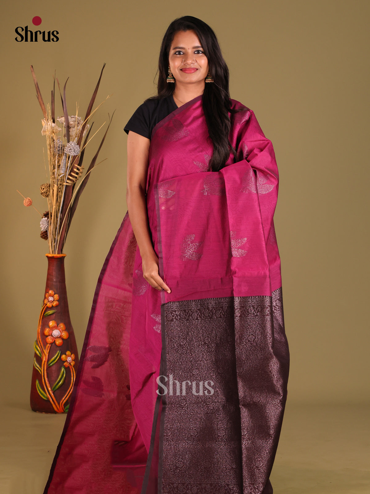 Wine & Maroon- Semi Silkcotton Saree - Shop on Shrus.com