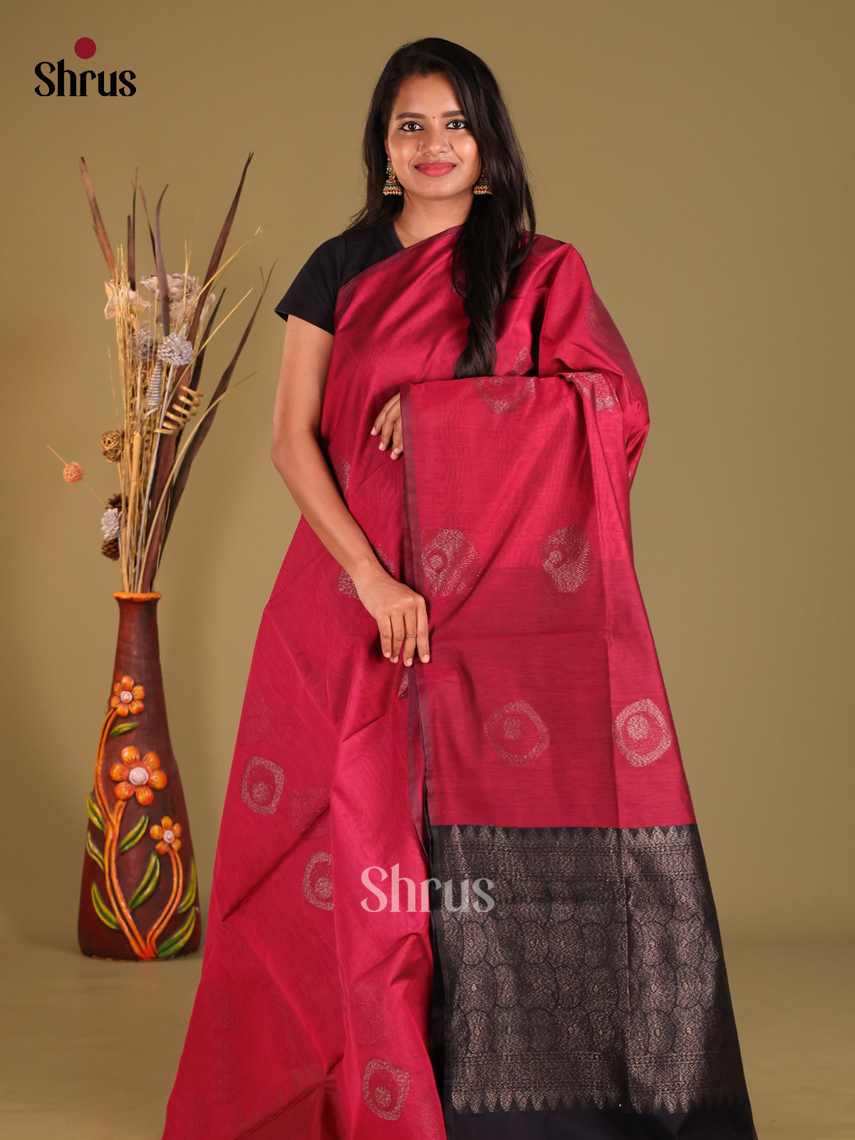 Red - Semi Silkcotton Saree - Shop on Shrus.com