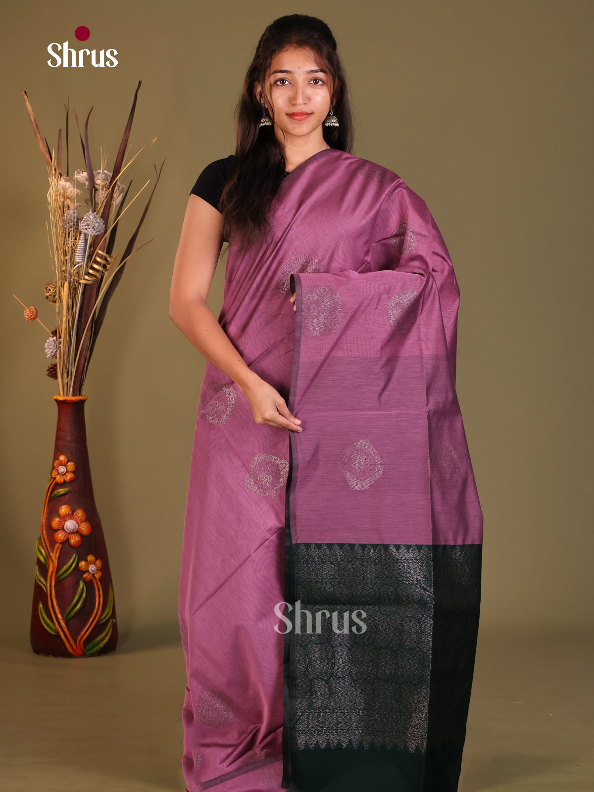 Lavender & Green - Semi Silkcotton Saree - Shop on Shrus.com