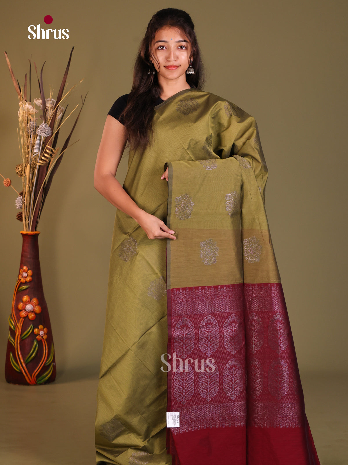 Green & Maroon- Semi Silkcotton Saree - Shop on Shrus.com