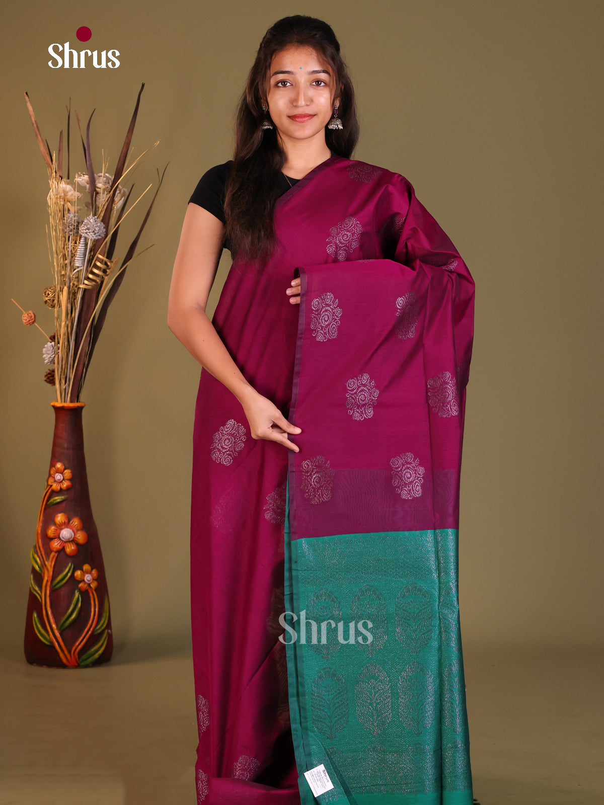 Maroon & Green - Semi Silkcotton Saree - Shop on Shrus.com