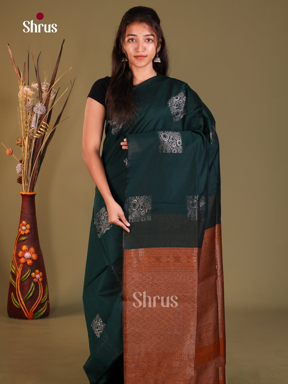 Green & Rust  - Semi Silkcotton Saree - Shop on Shrus.com