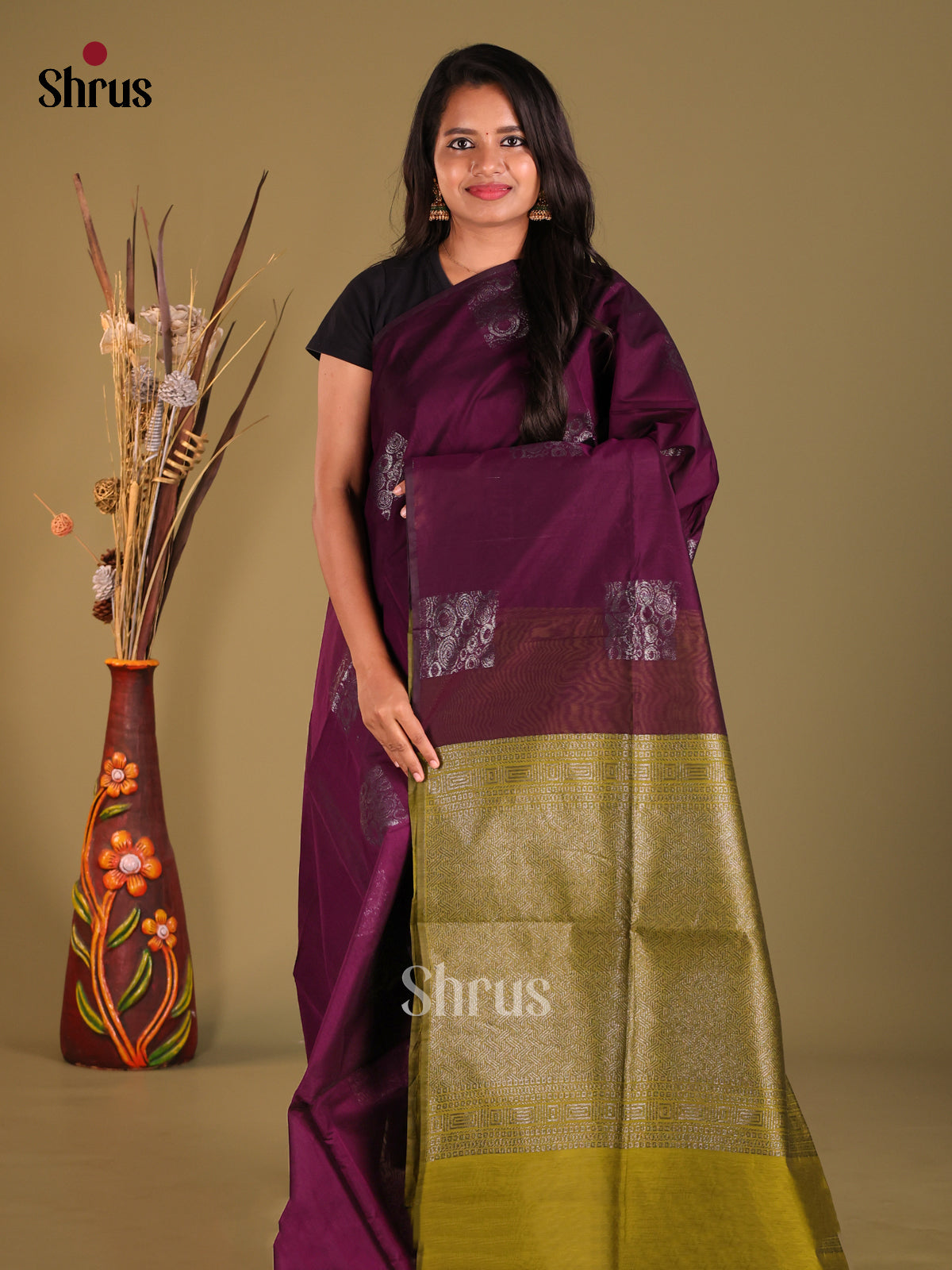 Purple  & Green - Semi Silkcotton Saree - Shop on Shrus.com