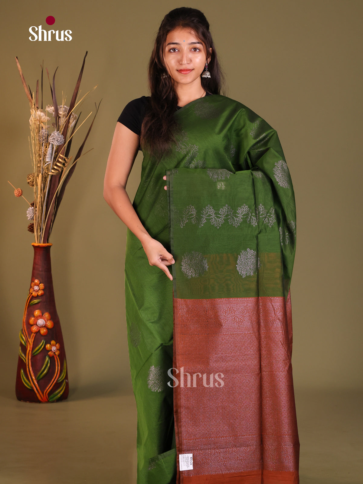 Green & Brown- Semi Silkcotton Saree - Shop on Shrus.com