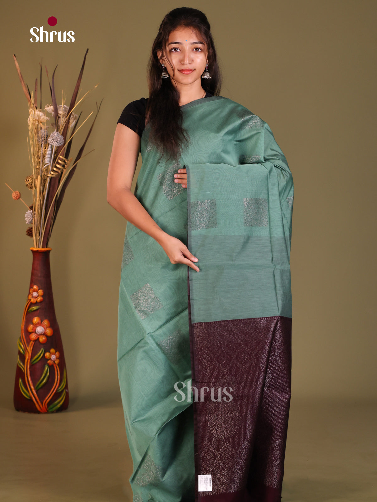 Pastel Blue & Maroon- Semi Silkcotton Saree - Shop on Shrus.com