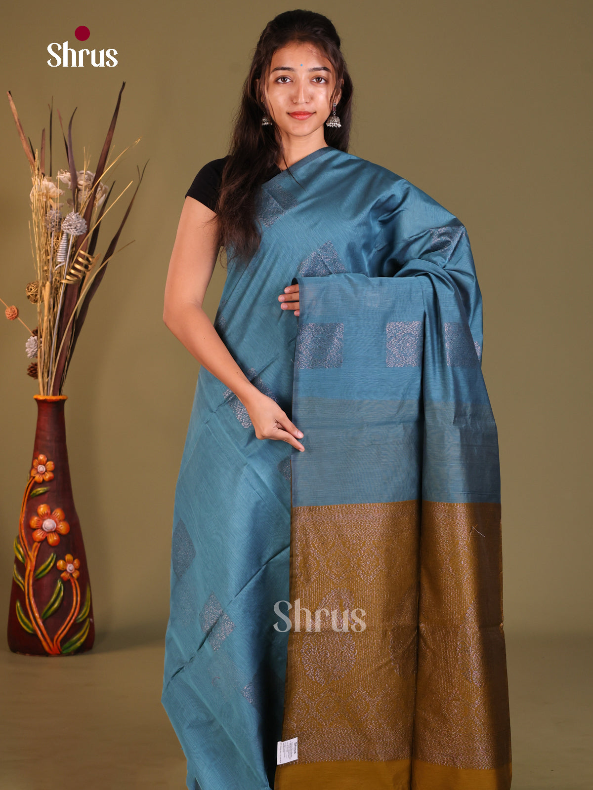 Blue & mustard - Semi Silkcotton Saree