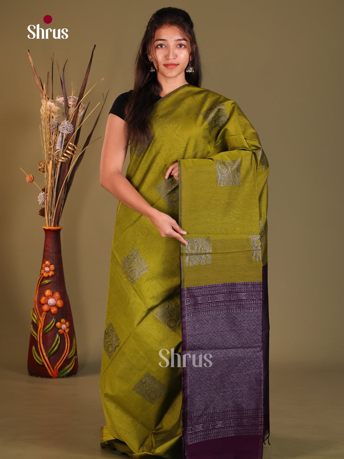 Green & Violet - Semi Silkcotton Saree - Shop on Shrus.com