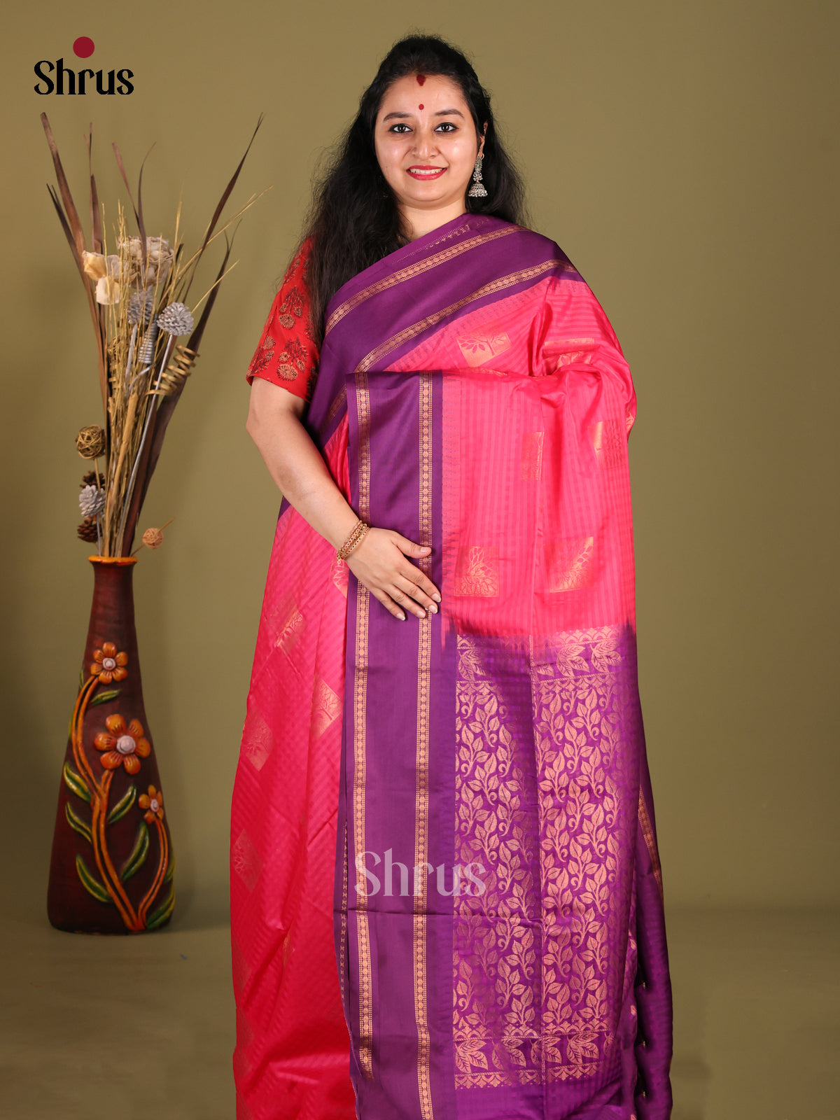 Pink & Purple-Semi Silk Cotton Saree - Shop on Shrus.com