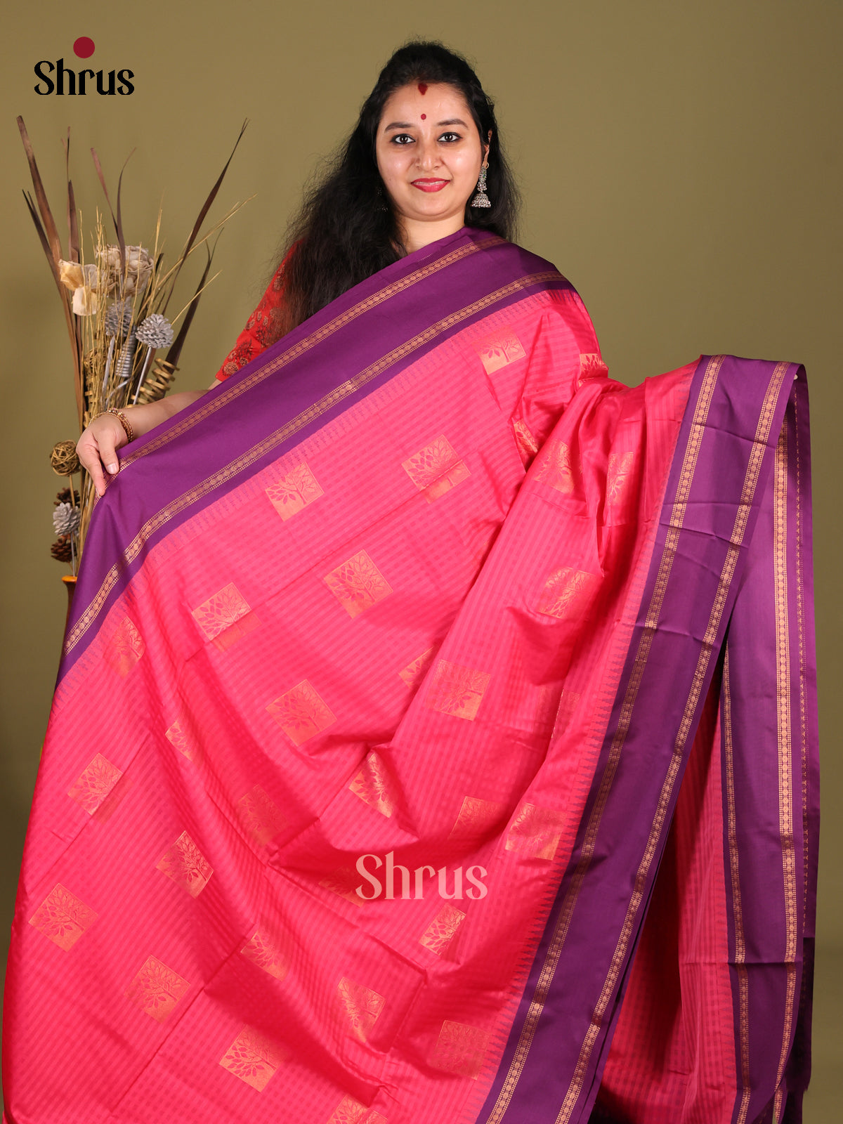 Pink & Purple-Semi Silk Cotton Saree - Shop on Shrus.com