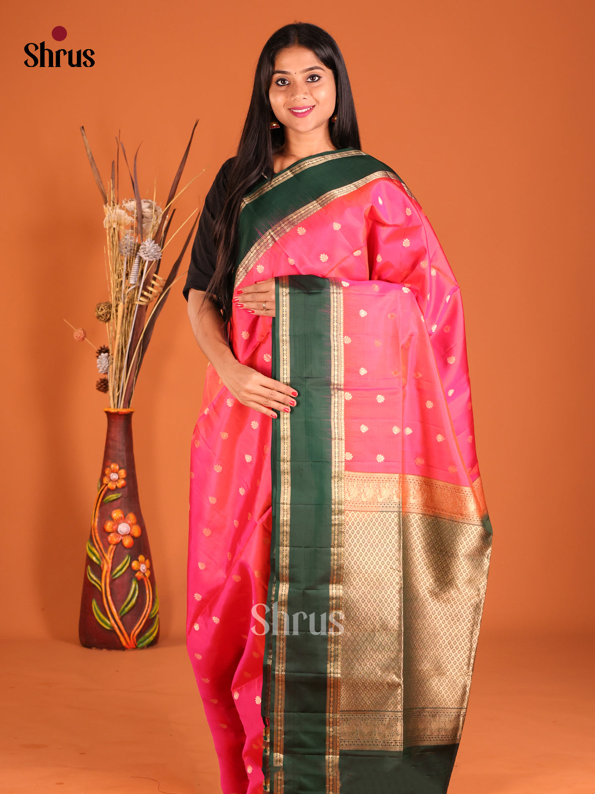 Pink& Green - Soft Silk  Saree - Shop on Shrus.com