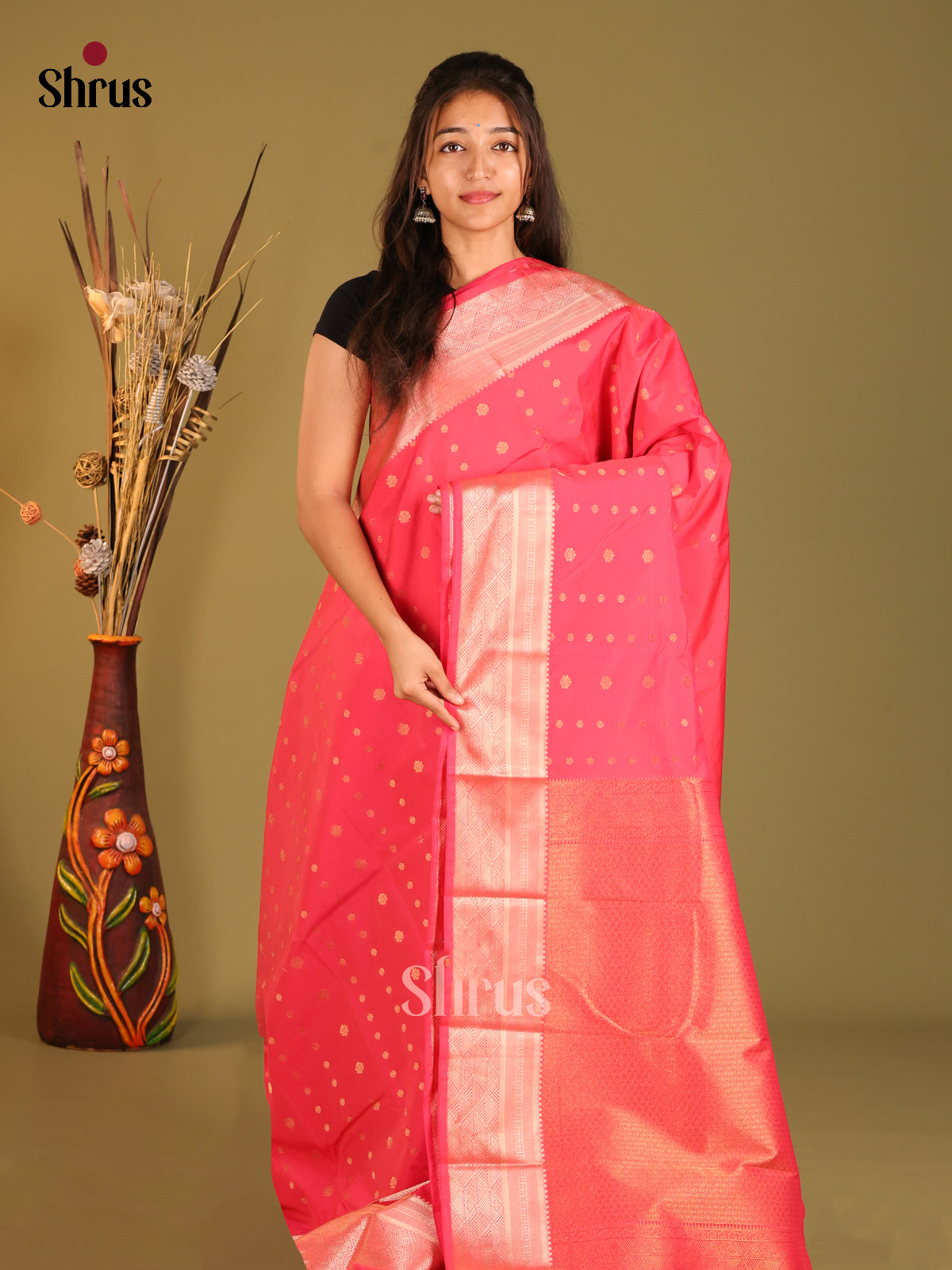 Pink(Single Tone) - Semi Kanchipuram Saree - Shop on Shrus.com