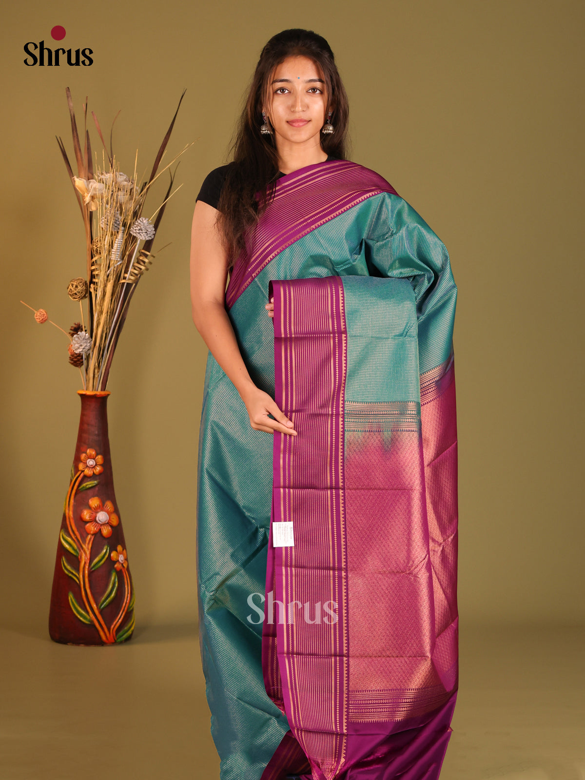 Green & Purple- Semi Kanchipuram Saree - Shop on Shrus.com