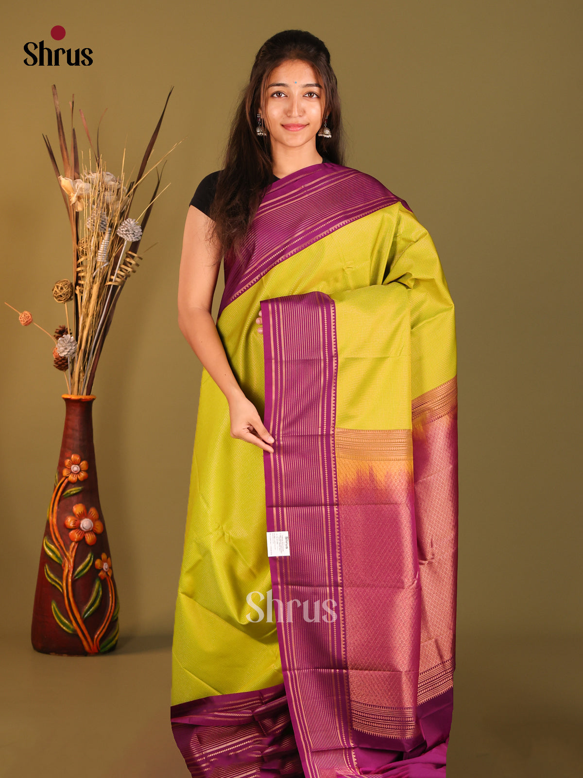 Light Green & Purple - Semi Kanchipuram Saree - Shop on Shrus.com