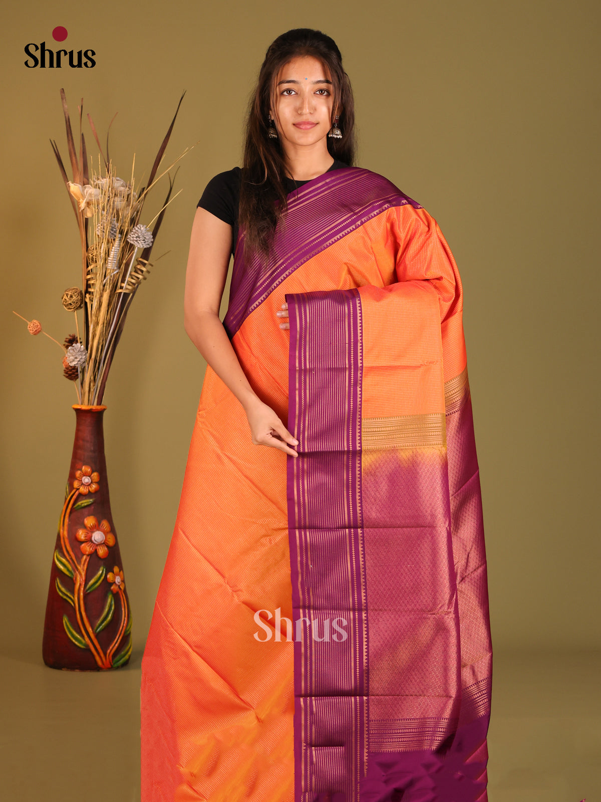 Orange & Purple - Semi Kanchipuram Saree - Shop on Shrus.com