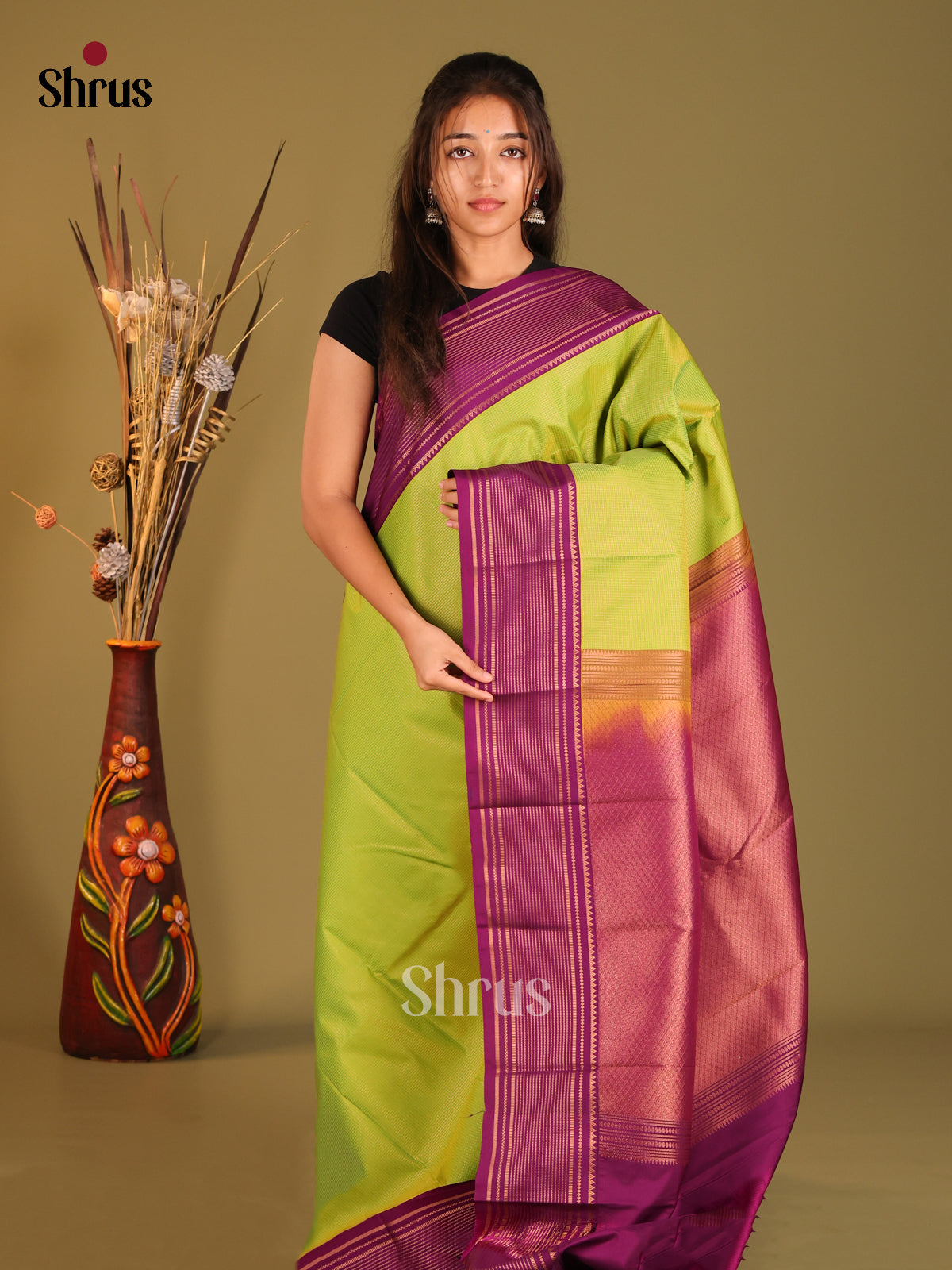 Light Green & Purple - Semi Kanchipuram Saree - Shop on Shrus.com