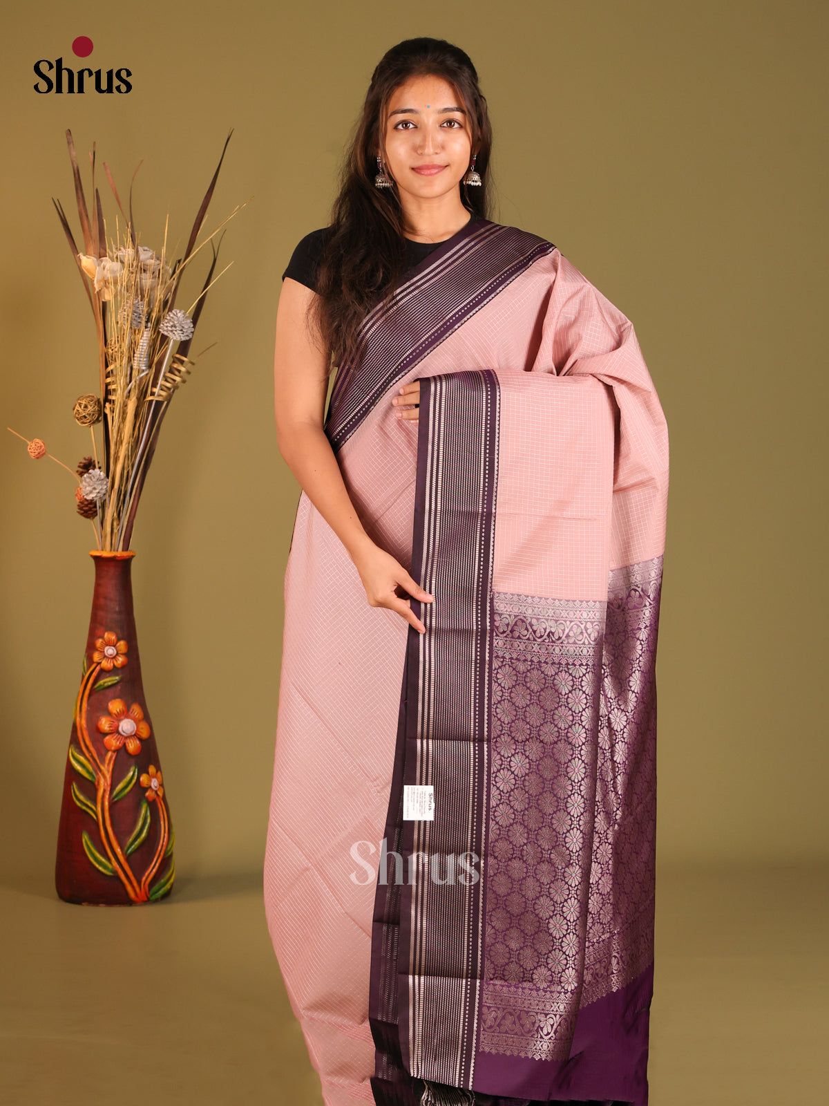 Dusty Pink & Purple- Semi Kanchipuram Saree - Shop on Shrus.com