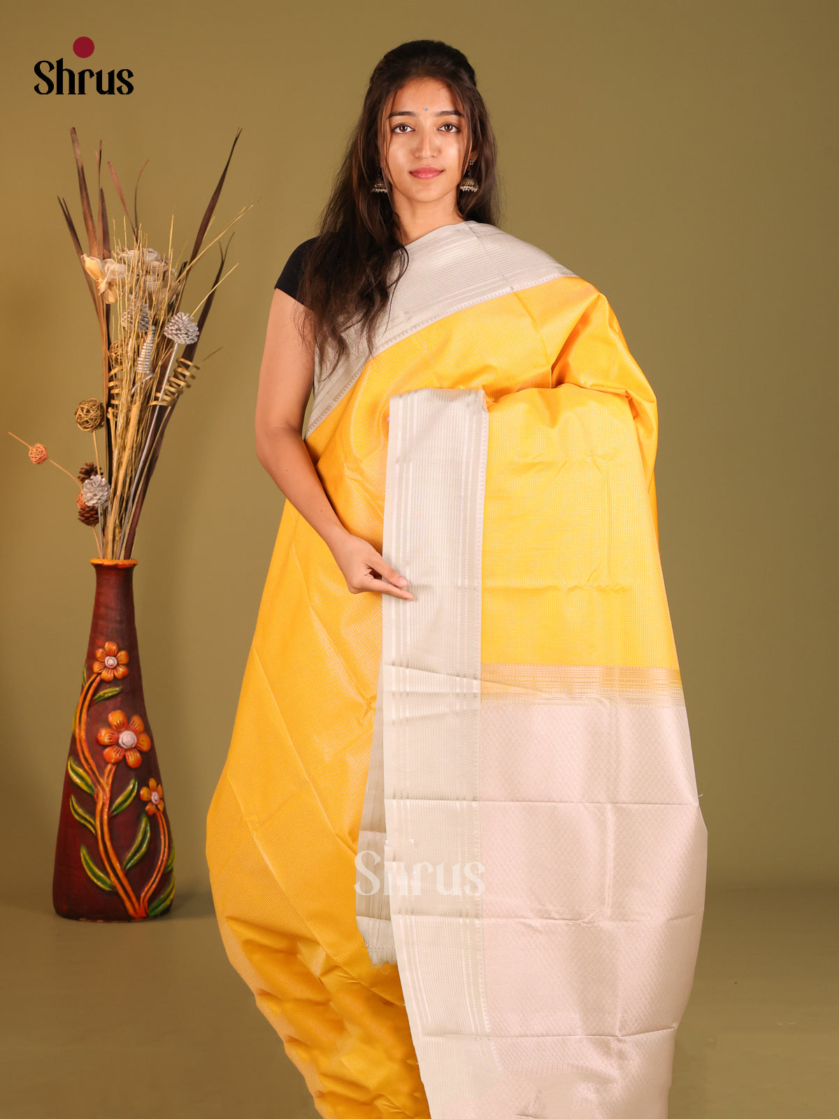 Yellow & Cream - Semi Kanchipuram Saree - Shop on Shrus.com