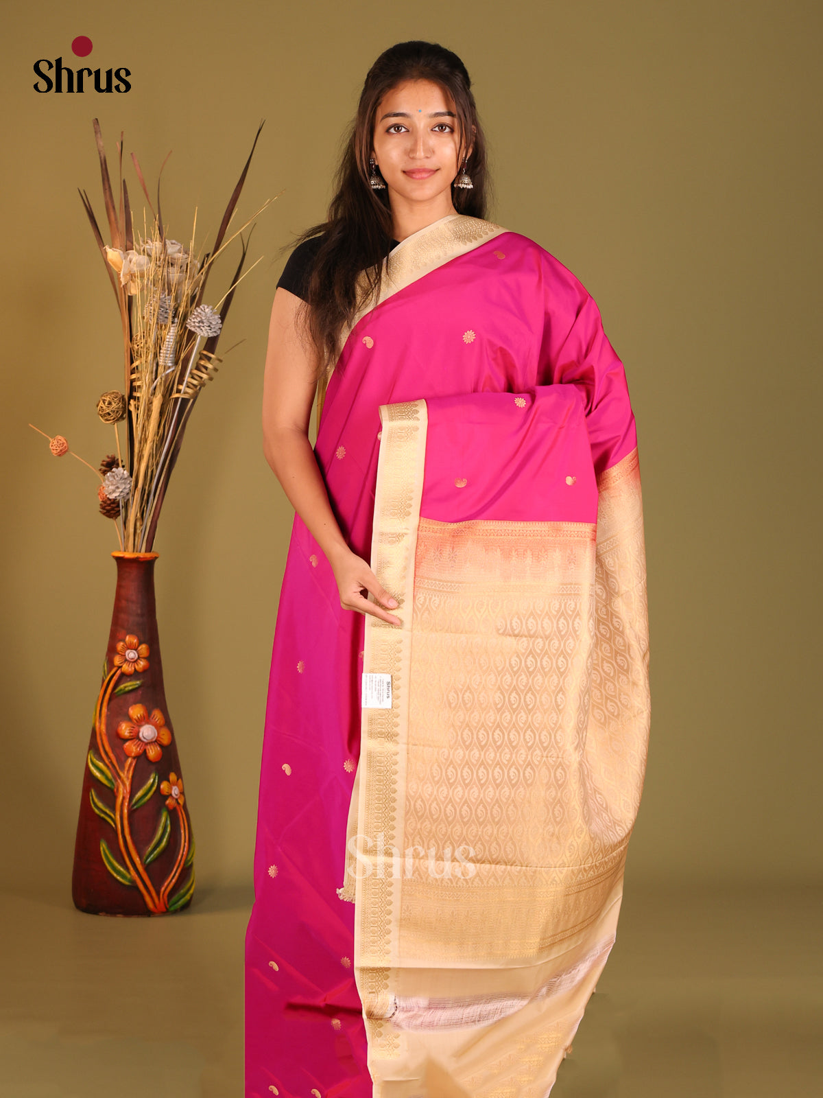 Pink & Cream- Semi Kanchipuram Saree - Shop on Shrus.com