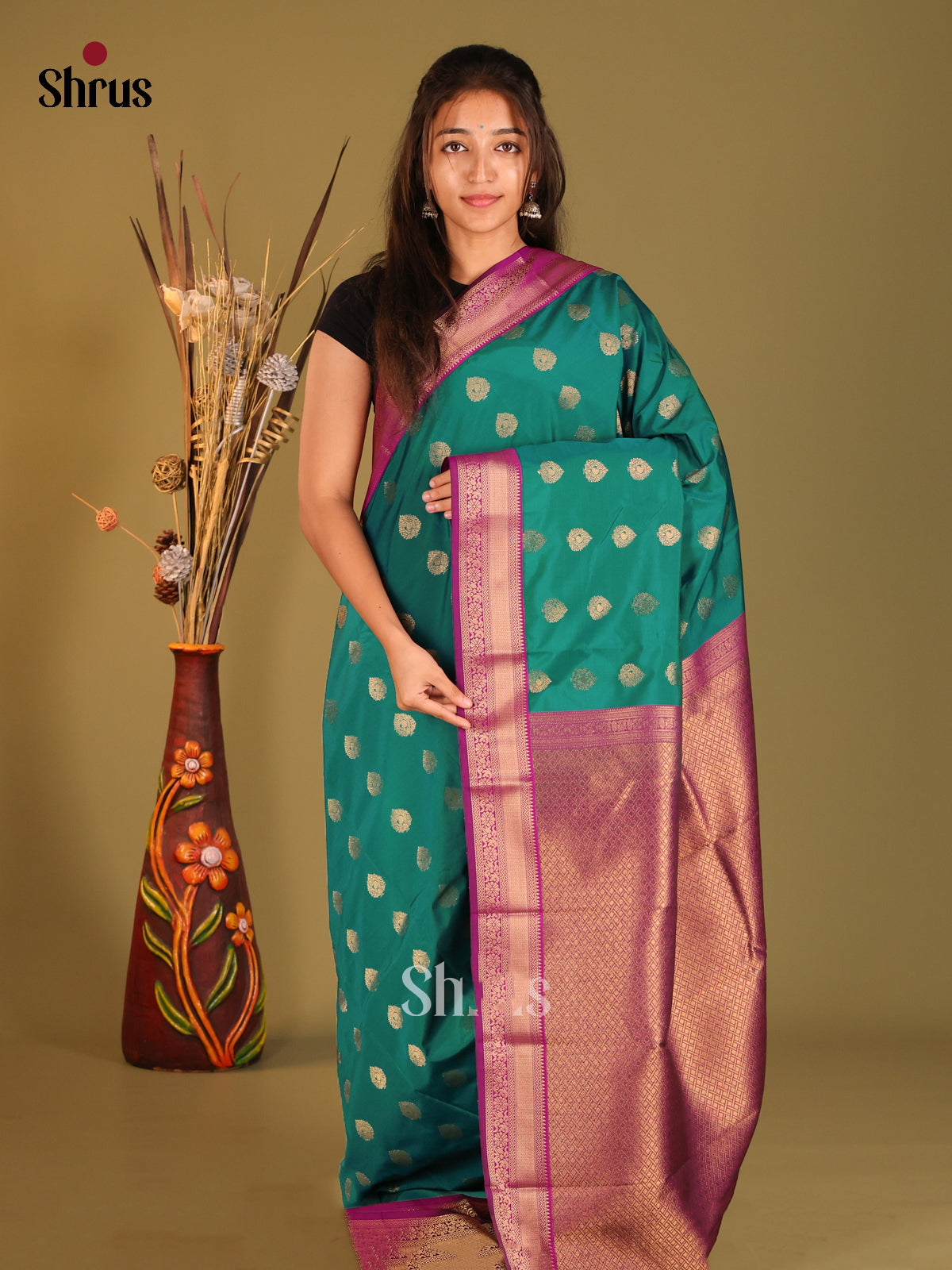 Green & Purple - Semi Kanchipuram Saree - Shop on Shrus.com