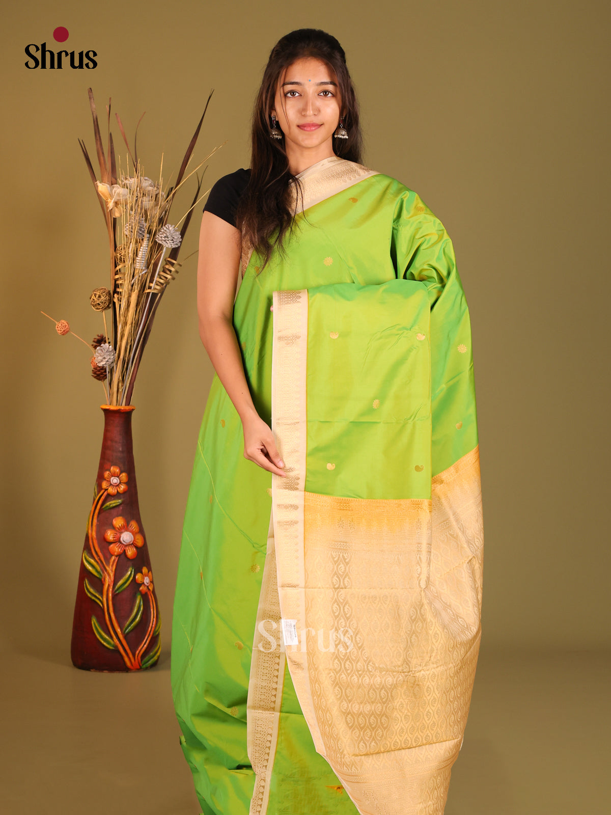 Light Green & Cream - Semi Kanchipuram Saree - Shop on Shrus.com