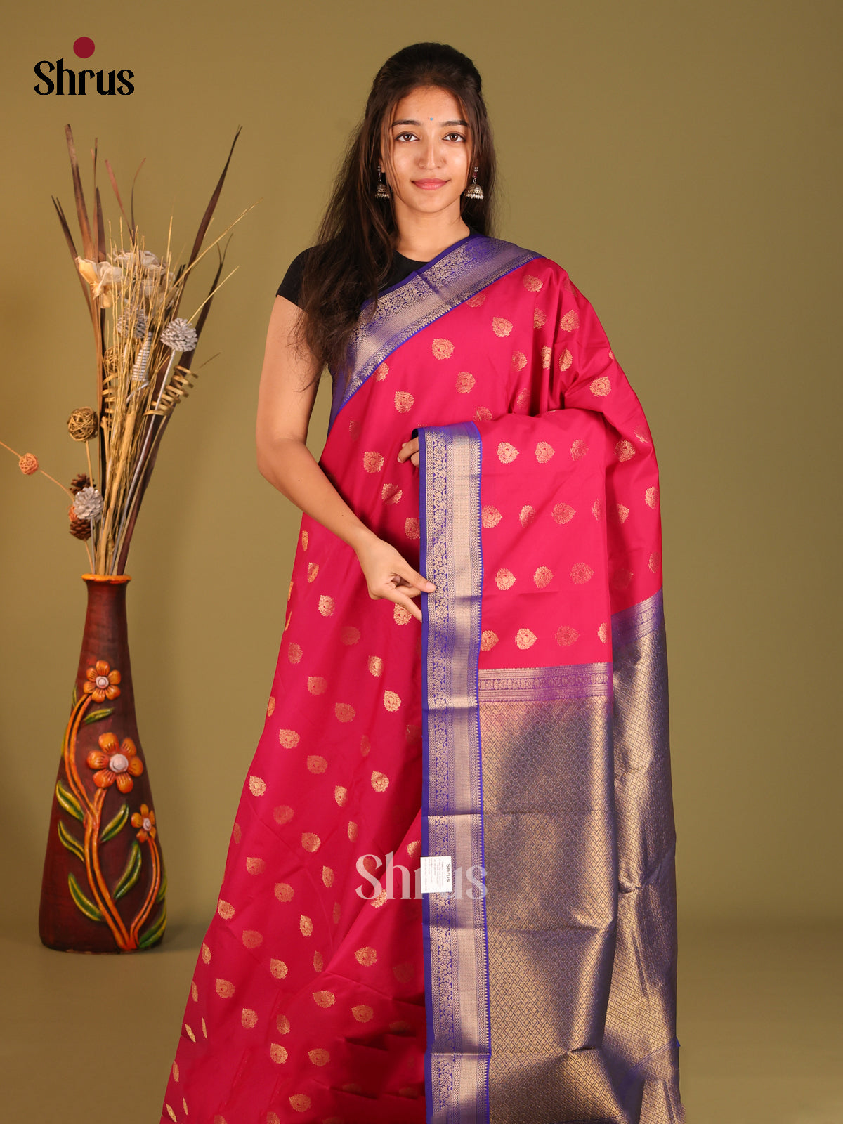 Red & Blue - Semi Kanchipuram Saree - Shop on Shrus.com