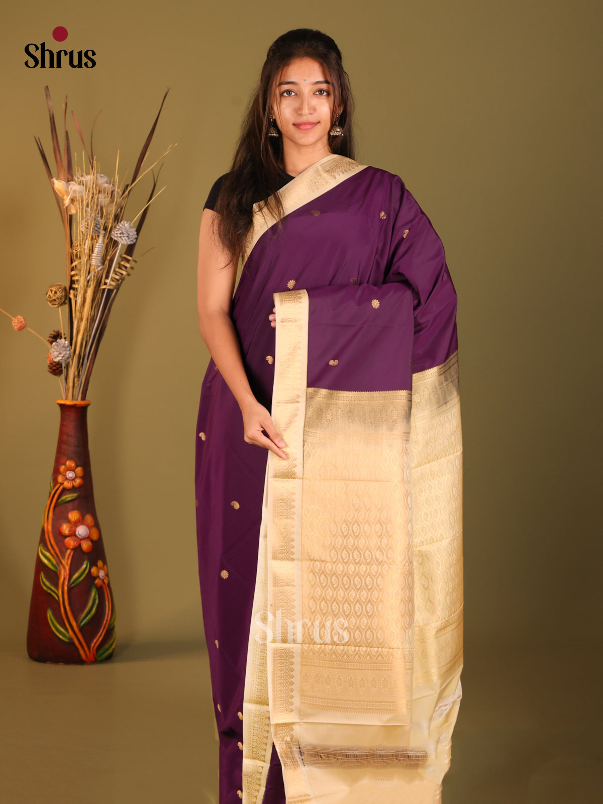 Violet & Cream- Semi Kanchipuram Saree - Shop on Shrus.com