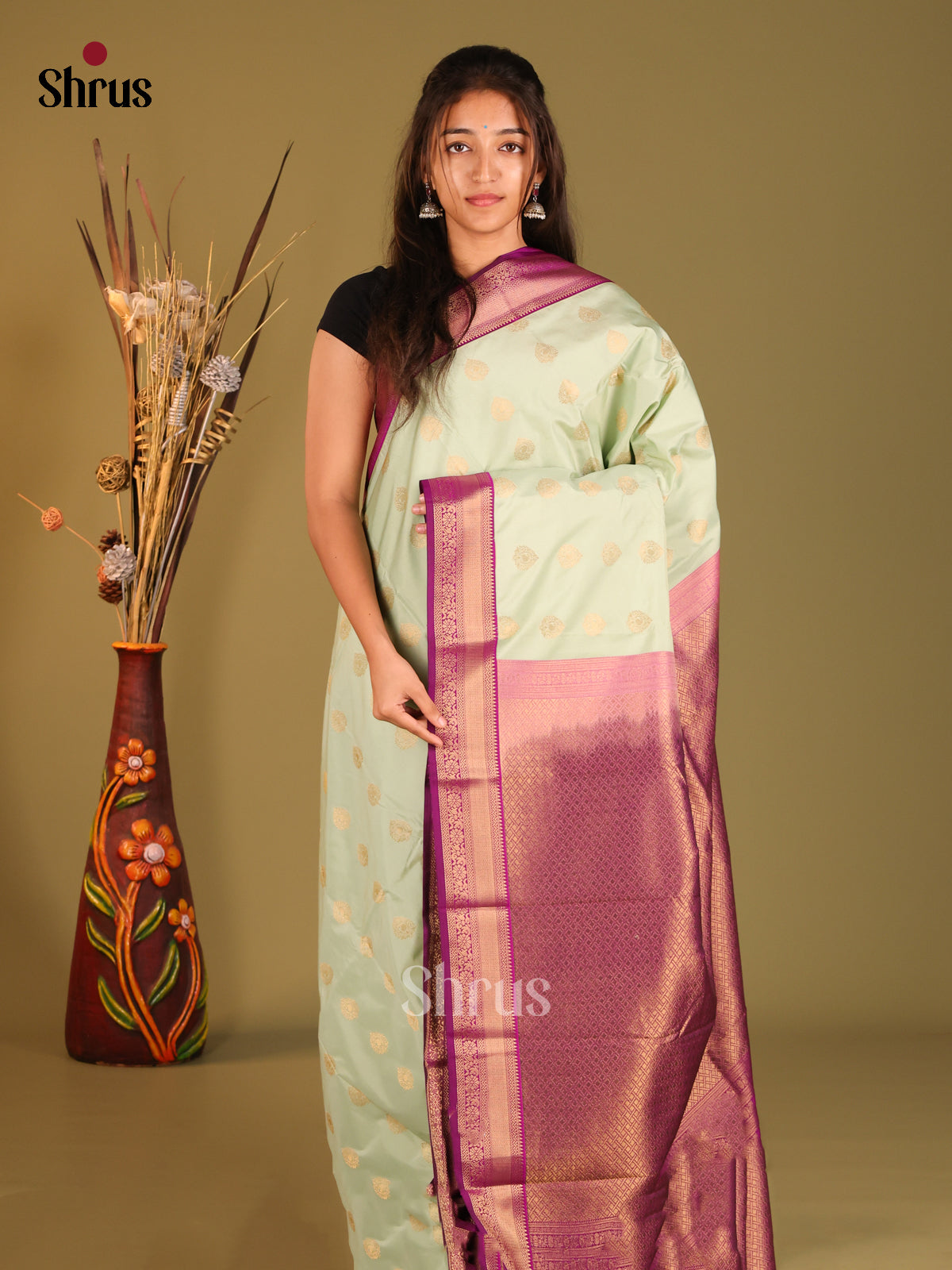 Pista Green  & Purple - Semi Kanchipuram Saree - Shop on Shrus.com