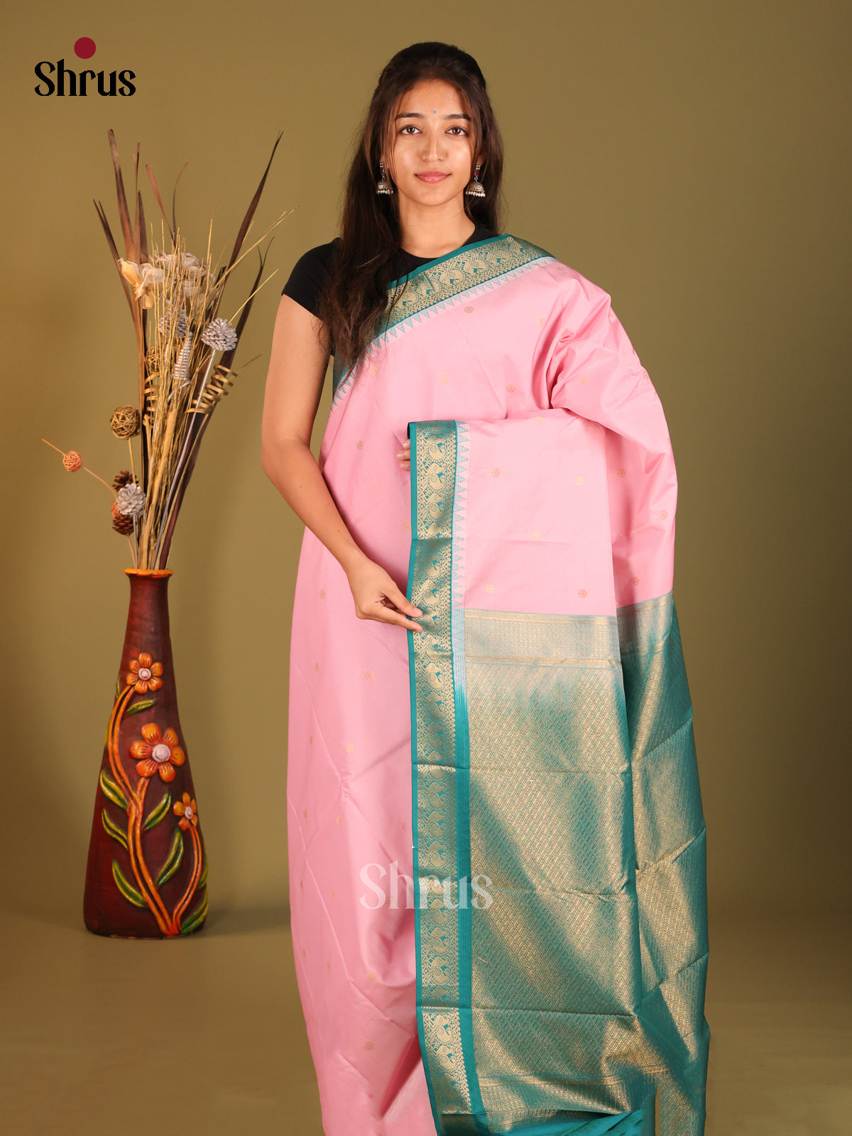 Pink & Green- Semi Kanchipuram Saree - Shop on Shrus.com