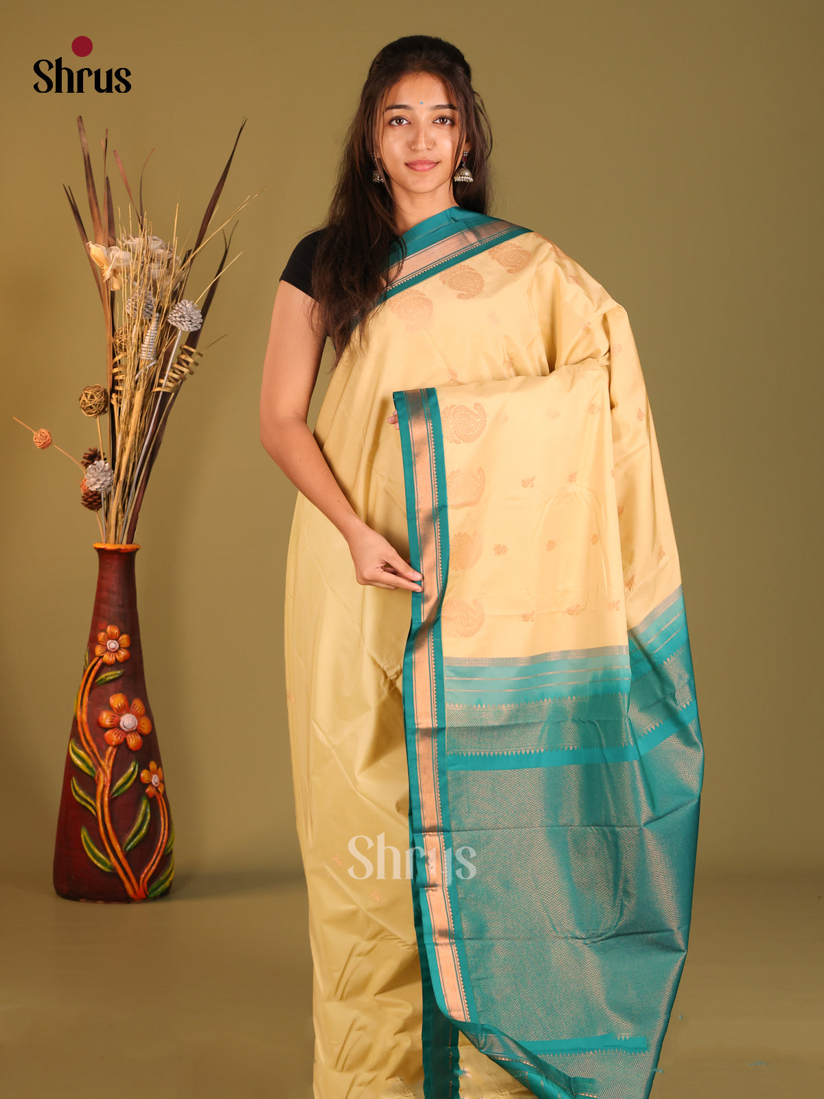 Cream & Blue - Semi Kanchipuram Saree
