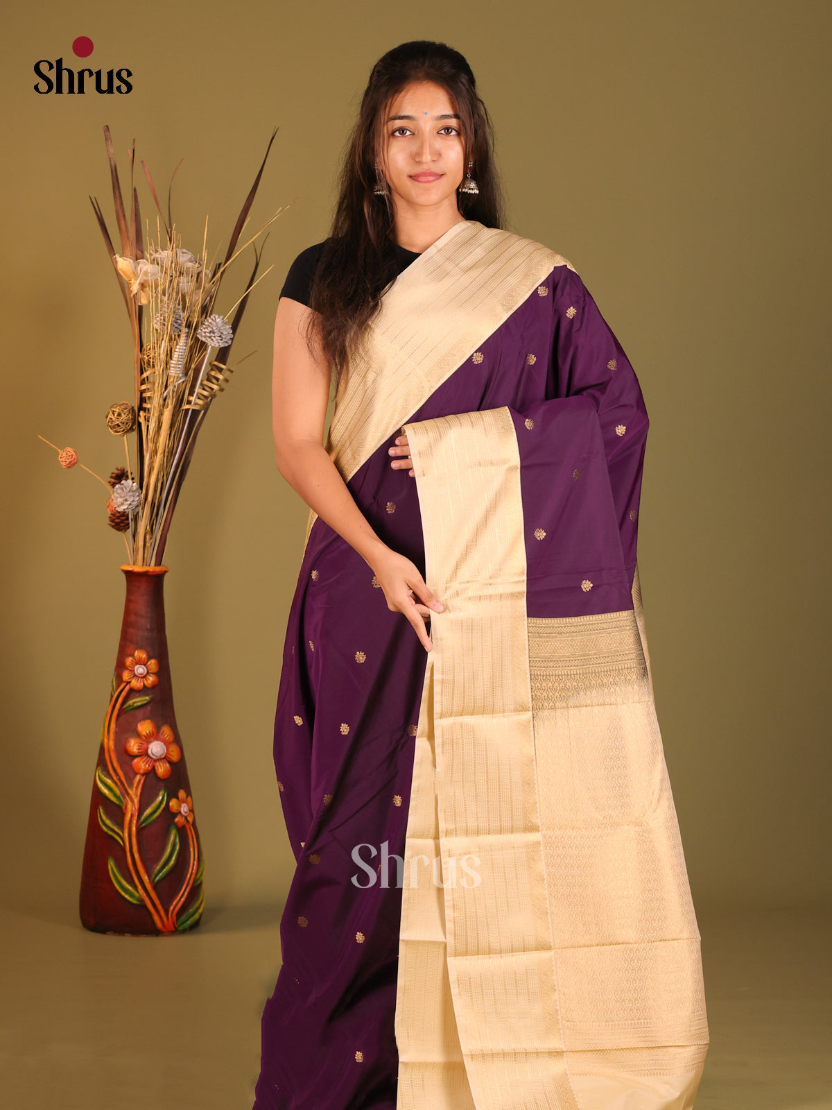 Violet & Cream - Semi Kanchipuram Saree - Shop on Shrus.com