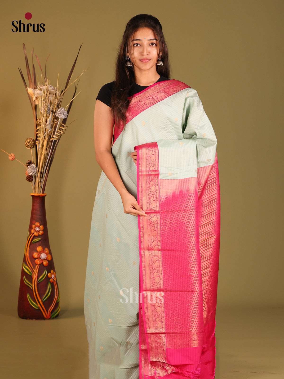 Pastel Green & Pink - Semi Kanchipuram Saree - Shop on Shrus.com