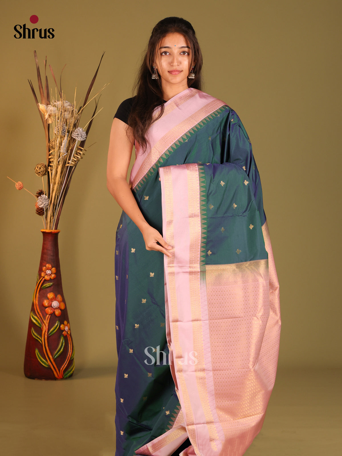 Peacock Green & Dusty Pink - Semi Kanchipuram Saree - Shop on Shrus.com