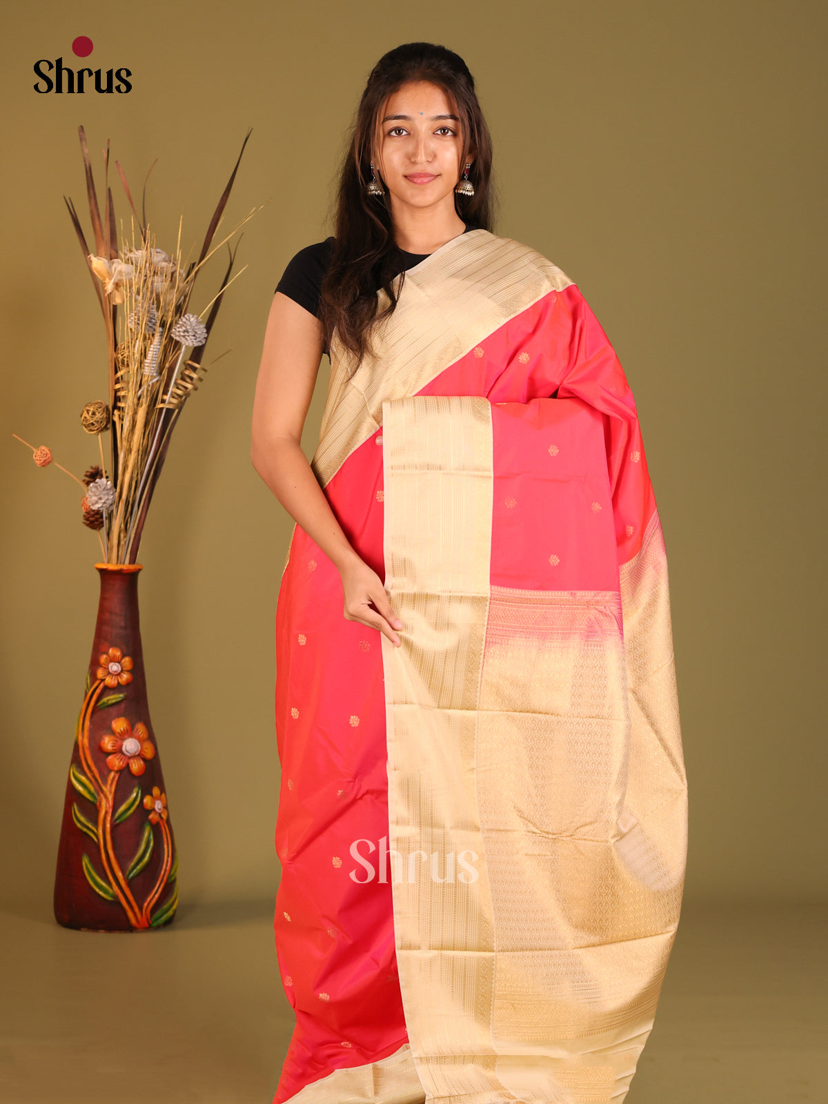 Orangish Pink & Cream - Semi Kanchipuram Saree - Shop on Shrus.com