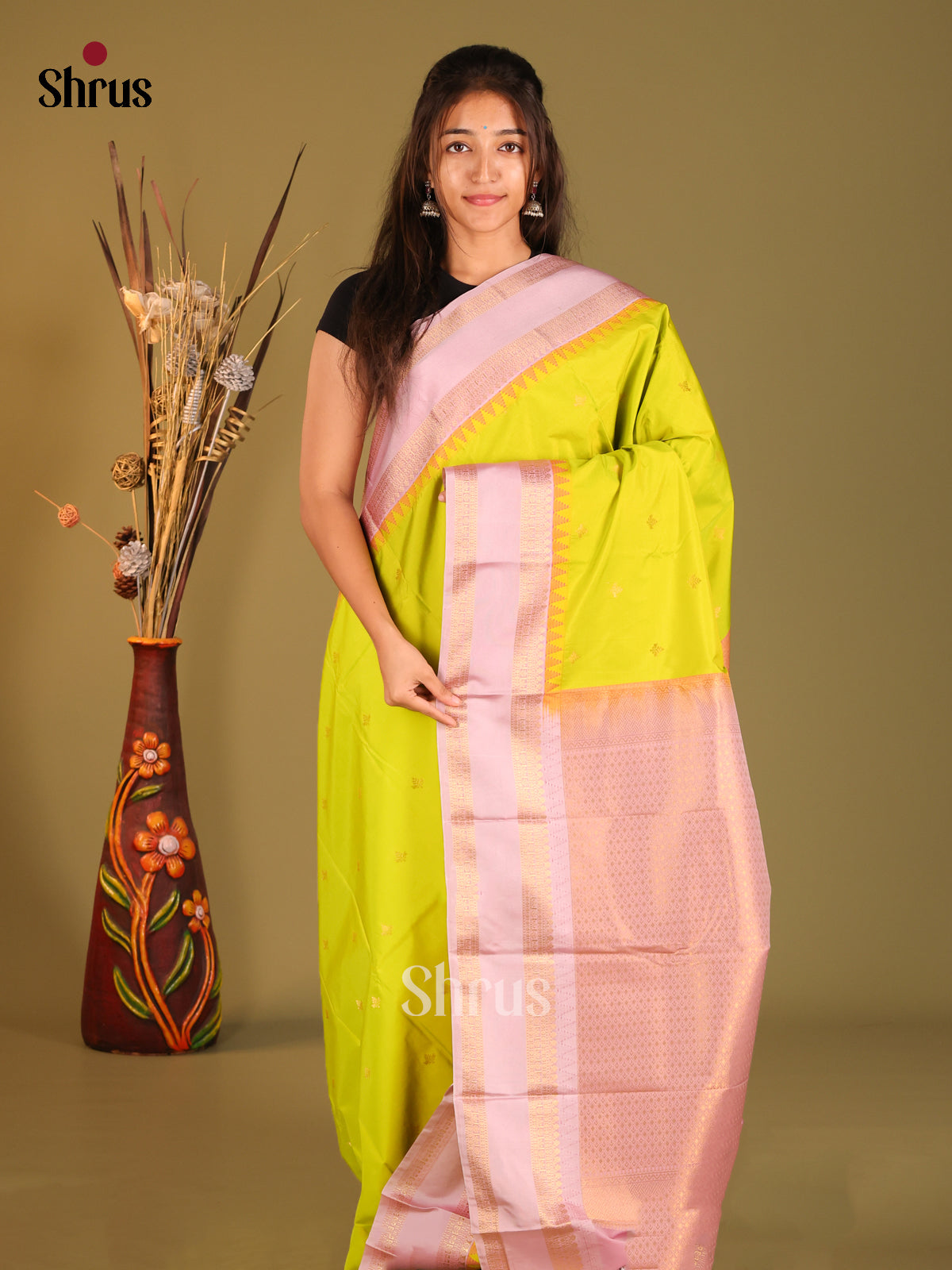 Light Green & Lavender- Semi Kanchipuram Saree - Shop on Shrus.com