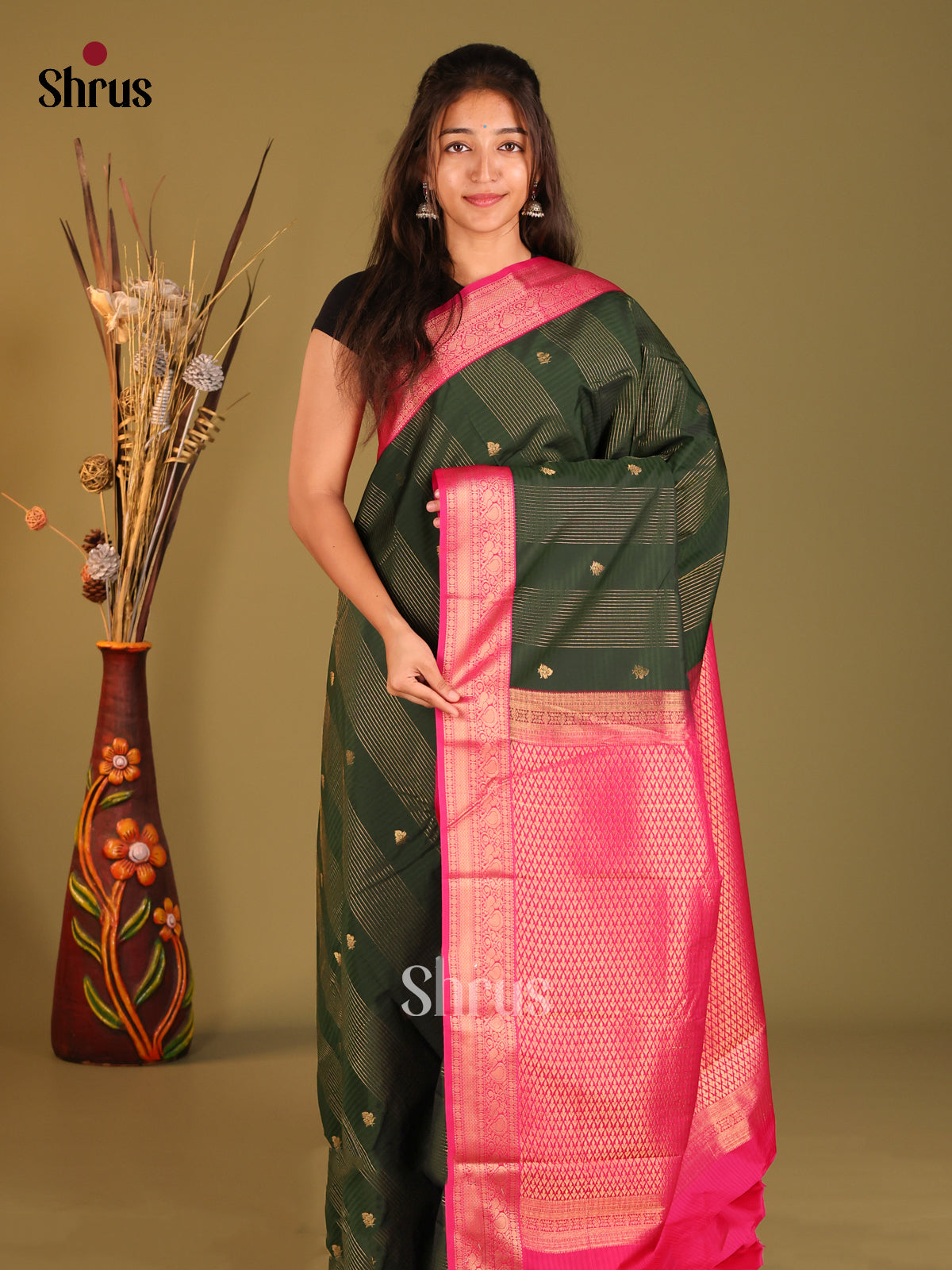 Green & Pink - Semi Kanchipuram Saree - Shop on Shrus.com