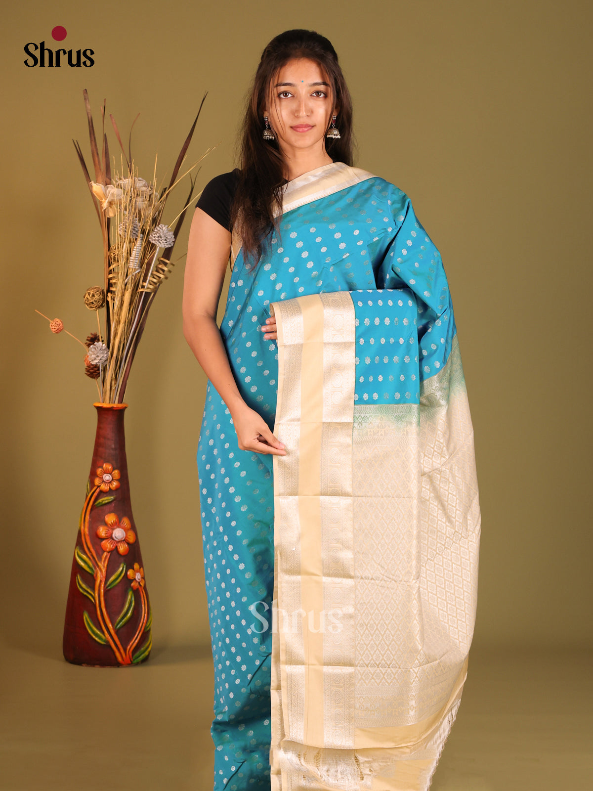 Blue & Cream - Semi Kanchipuram Saree