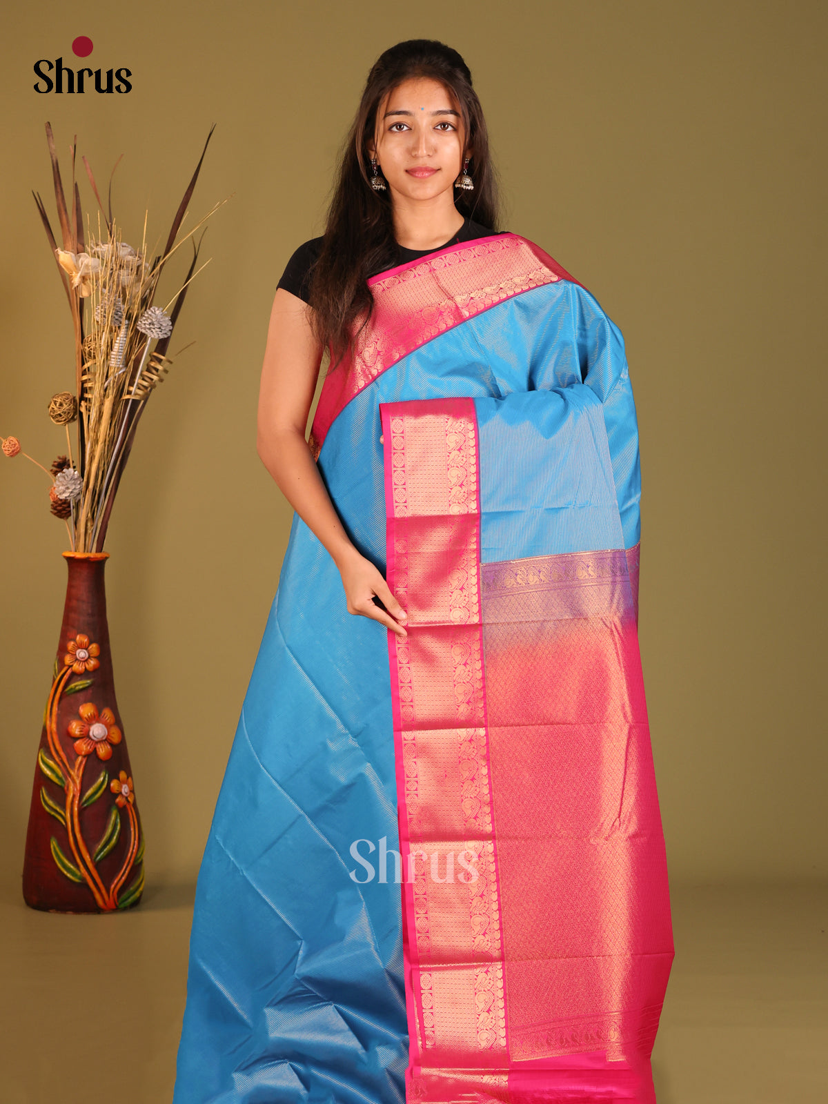 Blue & Pink- Semi Kanchipuram Saree