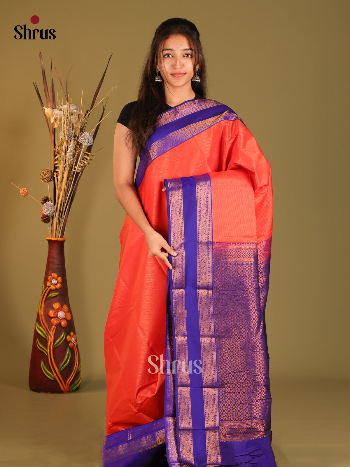 Orange & Blue - Semi Kanchipuram Saree - Shop on Shrus.com
