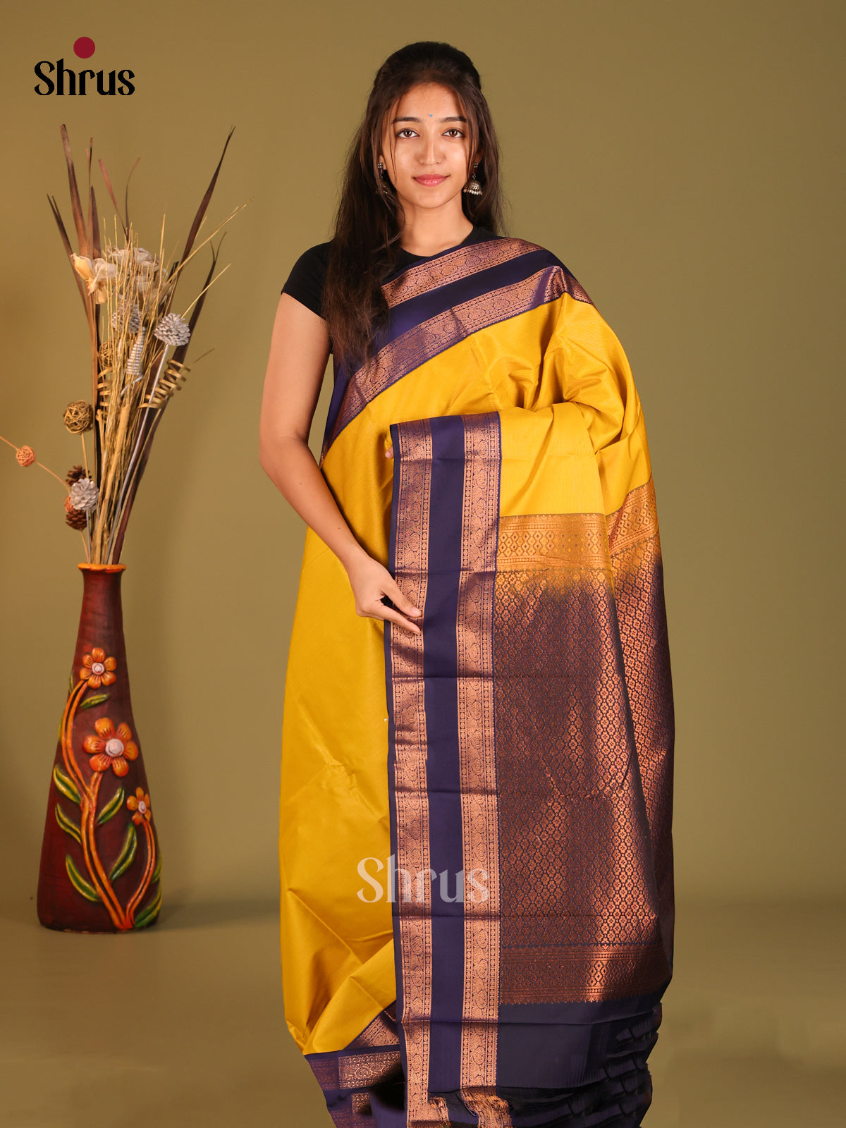 Yellow & Blue - Semi Kanchipuram Saree - Shop on Shrus.com