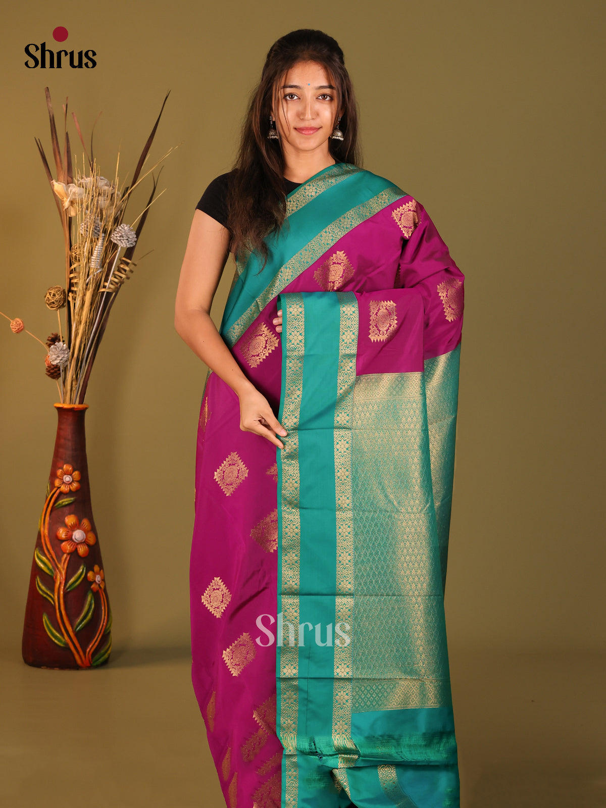 Purple & Green - Semi Kanchipuram Saree - Shop on Shrus.com