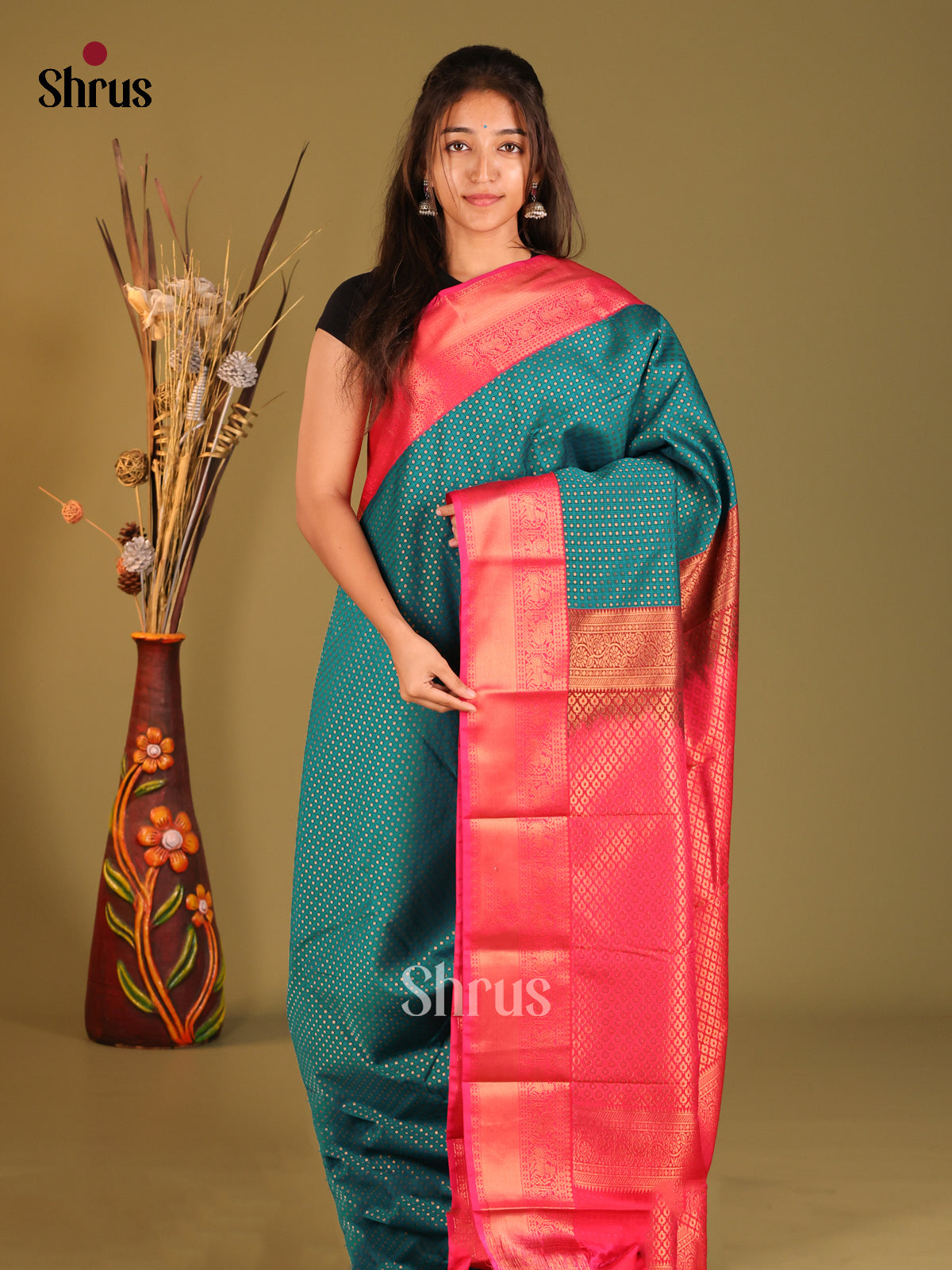 Peacock Green & Pink - Semi Kanchipuram Saree - Shop on Shrus.com