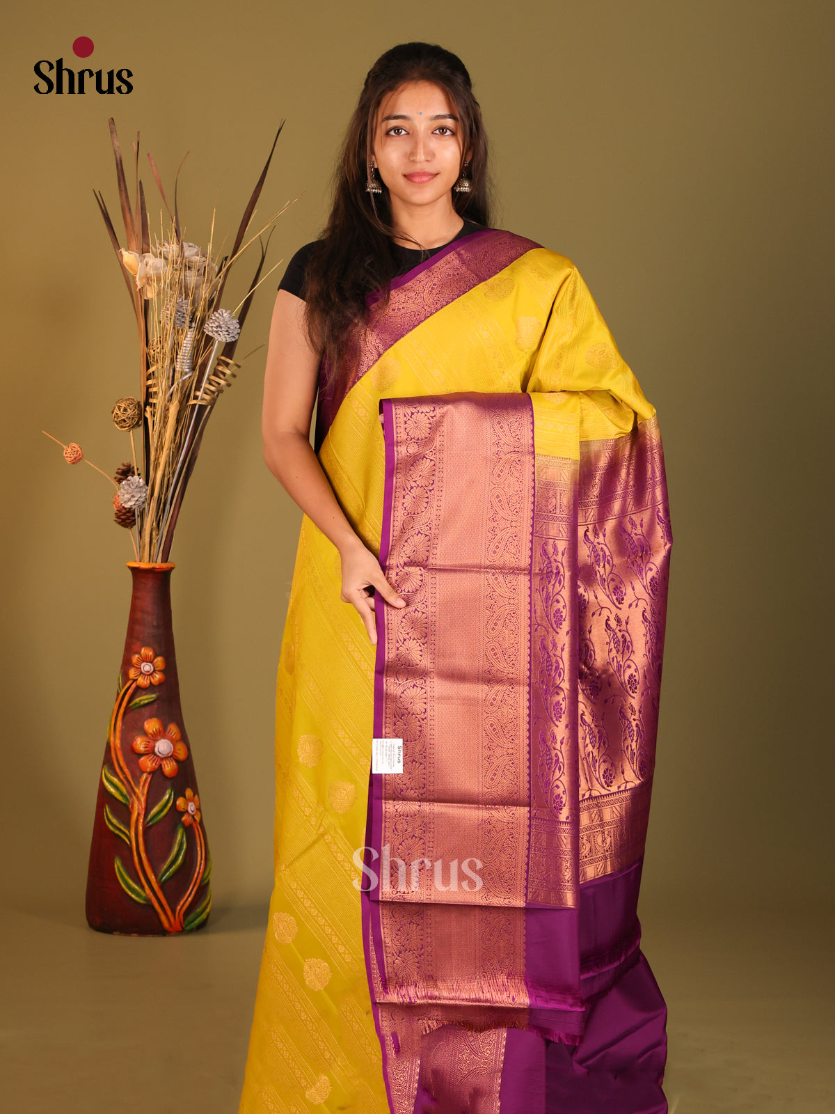 Yellow  & Purple - Semi Kanchipuram Saree - Shop on Shrus.com
