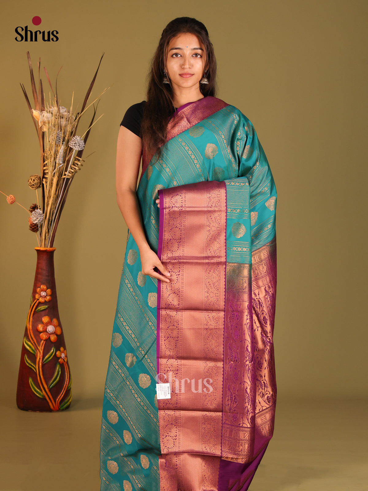 Teal & Purple - Semi Kanchipuram Saree - Shop on Shrus.com