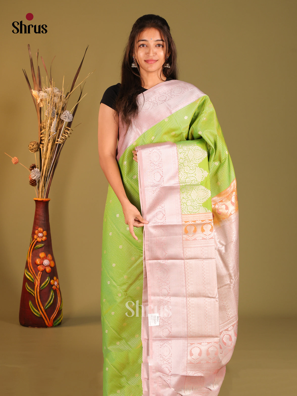 Light Green & Dusty Pink- Semi Kanchipuram Saree - Shop on Shrus.com