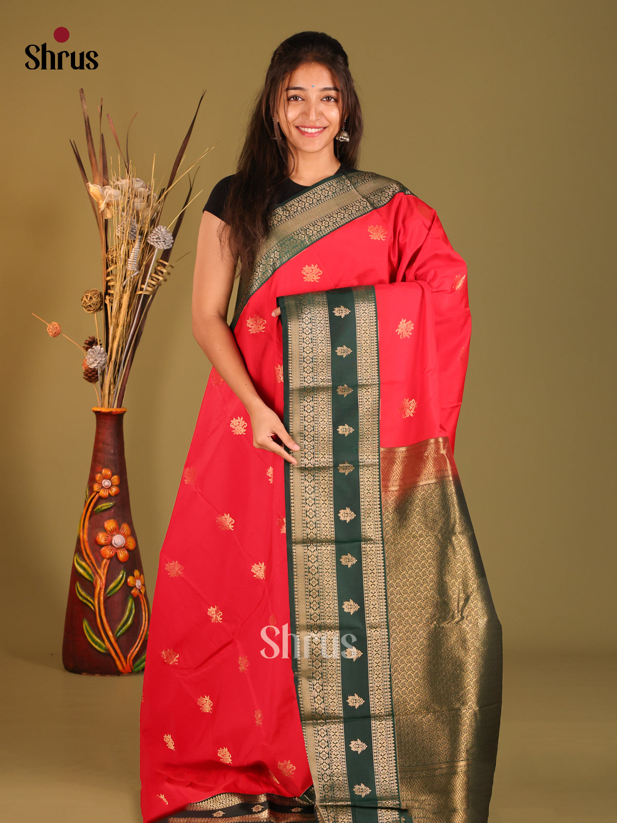Red & Green - Semi Kanchipuram Saree - Shop on Shrus.com