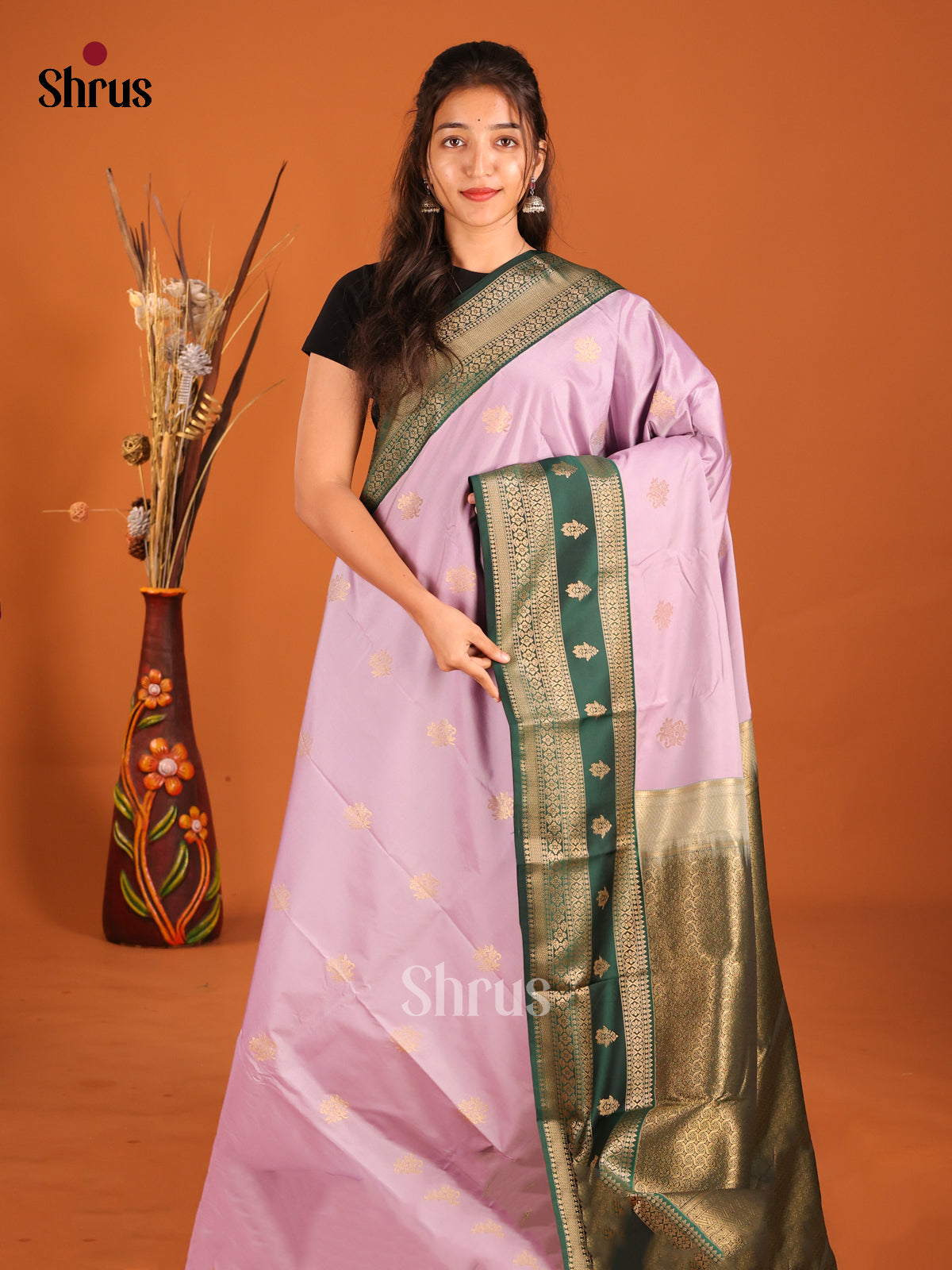 Lavender & Green- Semi Kanchipuram Saree - Shop on Shrus.com
