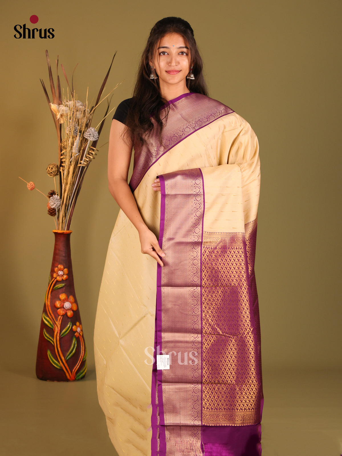 Cream & Purple - Semi Kanchipuram Saree - Shop on Shrus.com