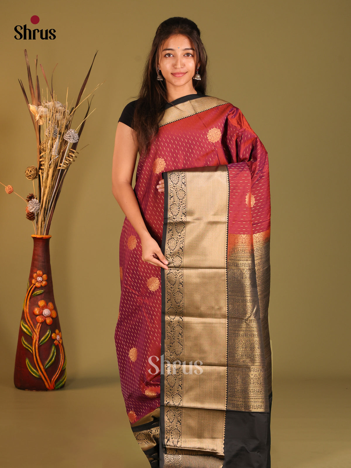 Maroon & Black- Semi Kanchipuram Saree - Shop on Shrus.com