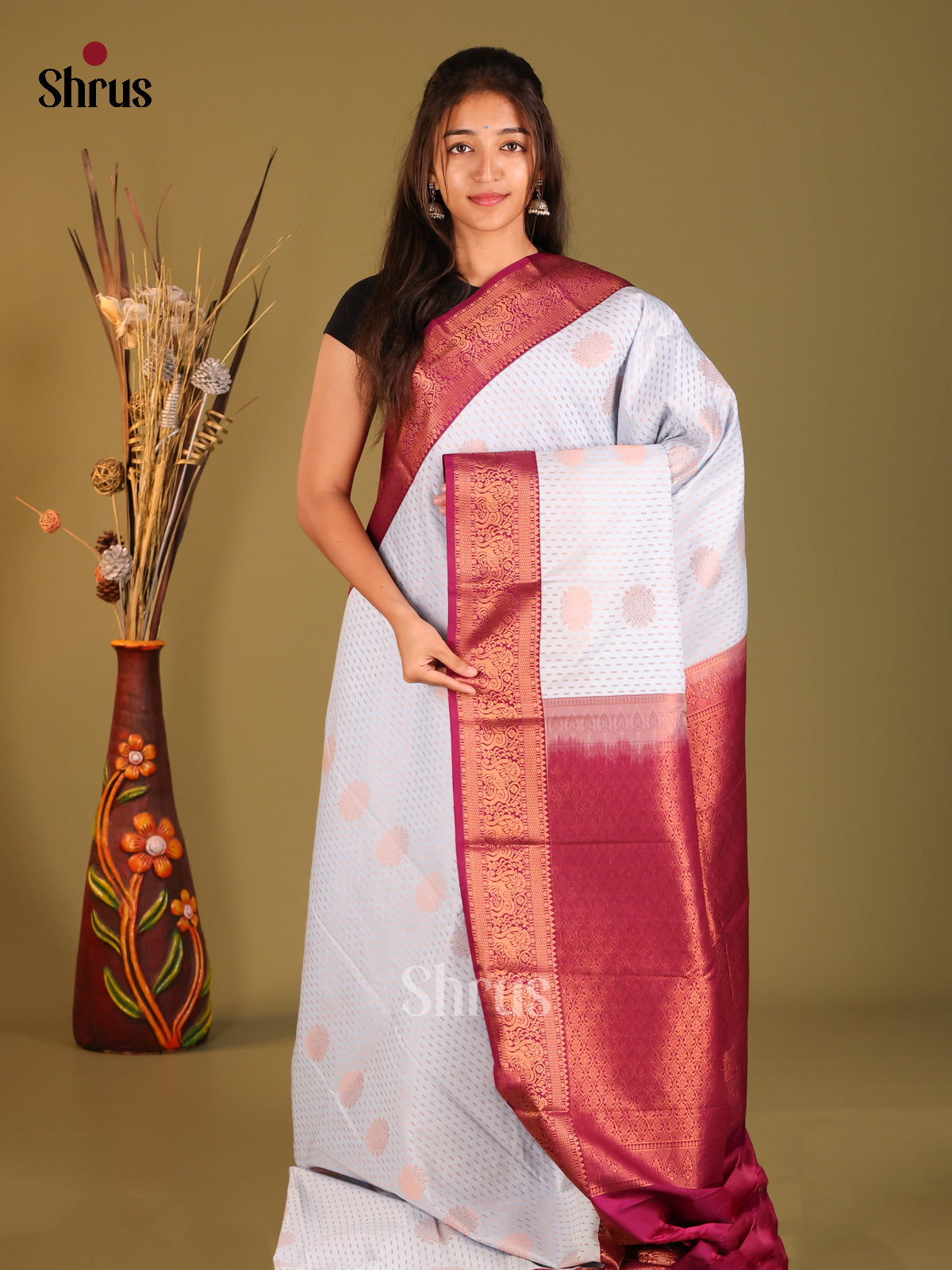 Off WHite & Maroon - Semi Kanchipuram Saree - Shop on Shrus.com